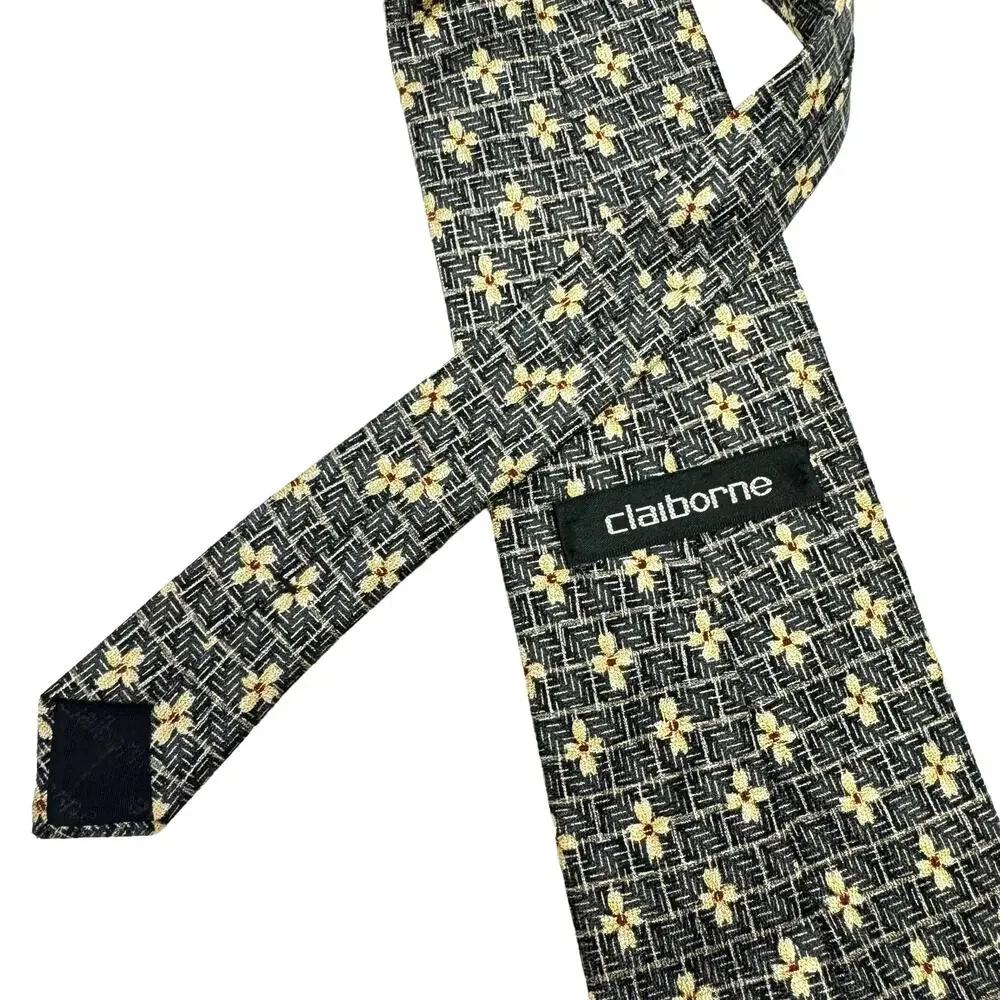 Claiborne Vintage 90s Y2K 100% Silk Black Cream Floral Print Men's Neck Tie